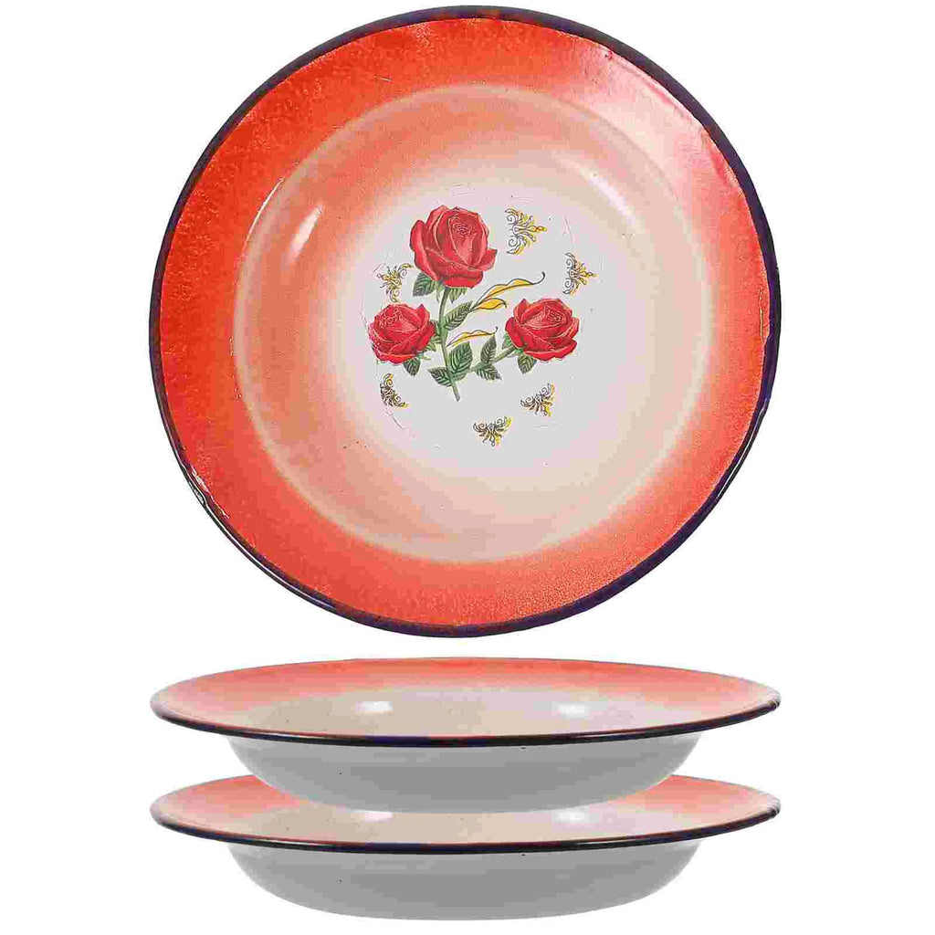 3 Pcs Vintage Enamel Plate Food Dish Pizza Serving Tray Snack Plates Salad Camping Condiment Containers Fruit Platter