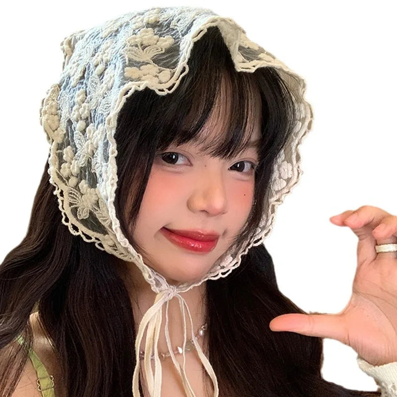 Women's Headscarf French Beige Lace Sweet And Cute Country-style Triangular Scarf Seaside Photo Headwear For Girl Hair Accessory