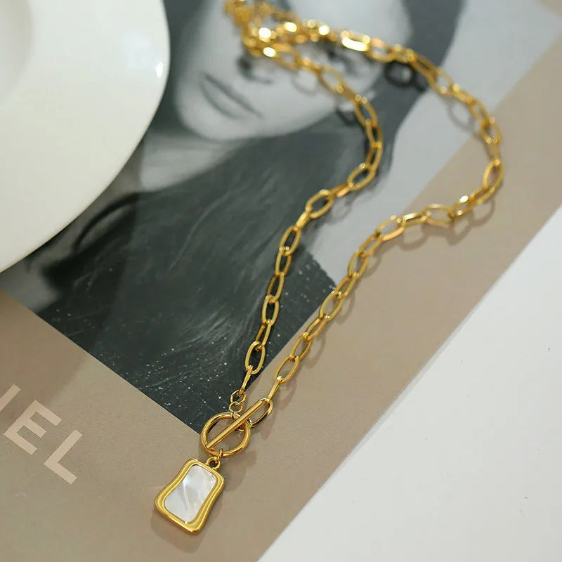 Square Natural Shell Pendant Necklace For Women Gold Color Stainless Steel O Chain Women Neck Choker Fashion Jewelry