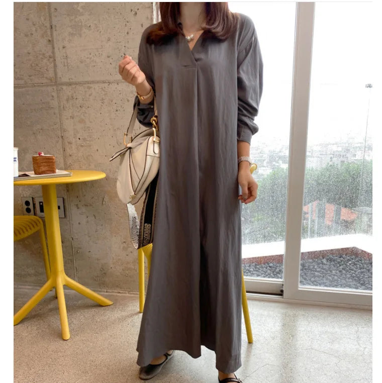 Cotton Linen Solid Muslim Dress Women Marocain Turkish Robe Femme Long Sleeve Maxi Dress Temperament Commuting Abaya Vestidos