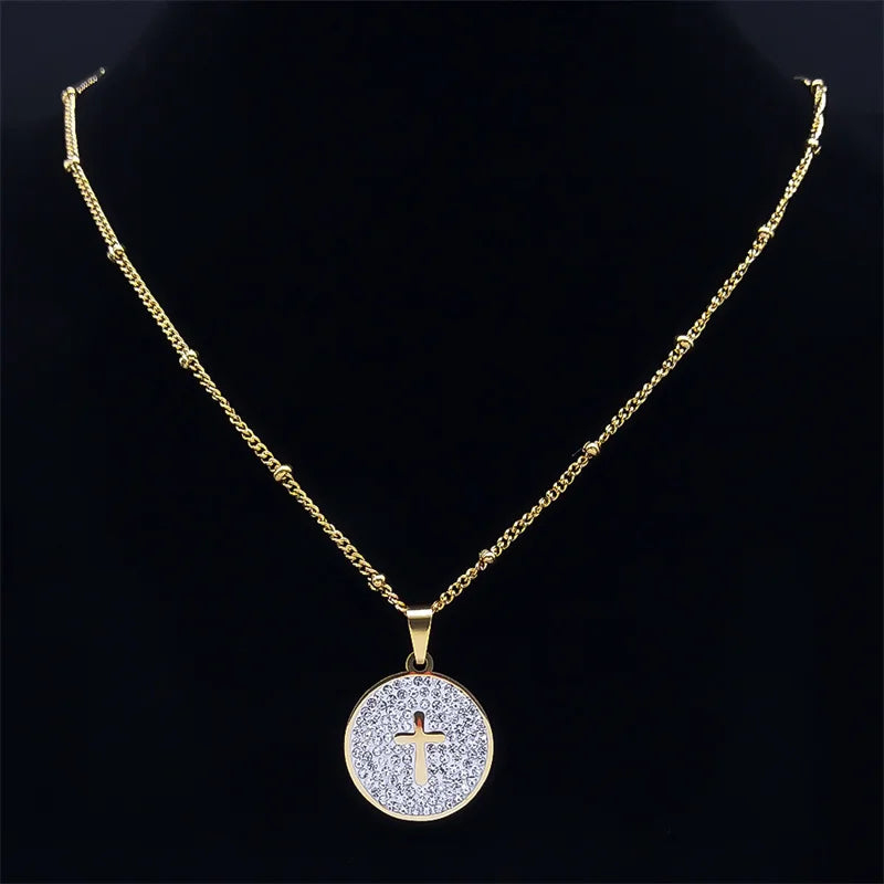 Simple Cross Pendant Necklace Stainless Steel Crystal Jesus Christ Necklaces Religious Jewelry corrente feminina N8249S02