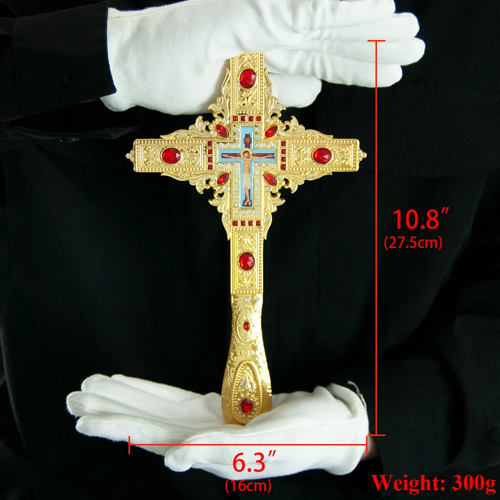 Orthodox Hand Cross Gold Plated Double-Faced Crucifix Icon Classic Eastern Cross for Church Home Decor