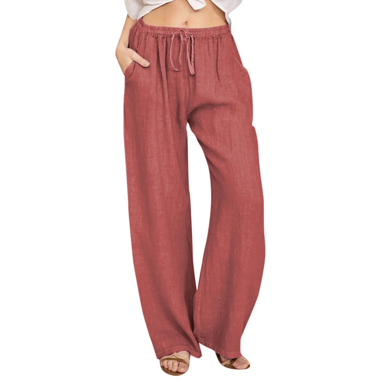2024 Spring Summer Linen Cotton Wide Legged Pants for Women High Waist Solid Color Crop Pants Elastic Waist Casual Loose Pants