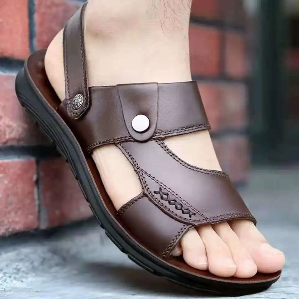 Men's Summer New Sandals and Slippers Men's Leather Sandals Adult Thick-soled Beach Shoes Non-slip Open-toe Leather Sandals