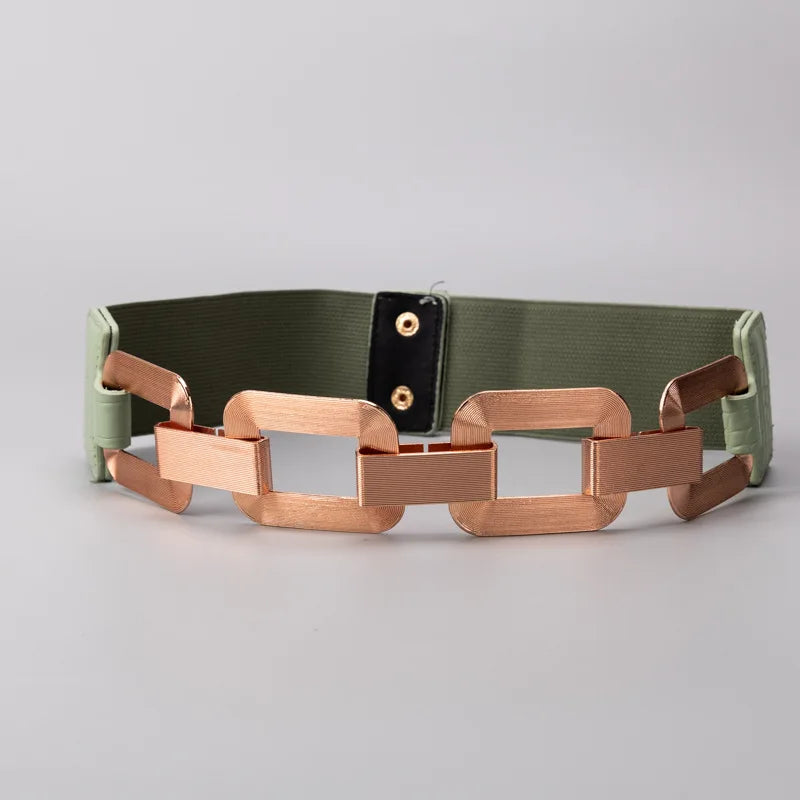 Ladies's Gold Square Metal Elastic Chain Buckle Link Girdle Casual Vintage Waistband waist Decorate Belt For Women On Coat Dress