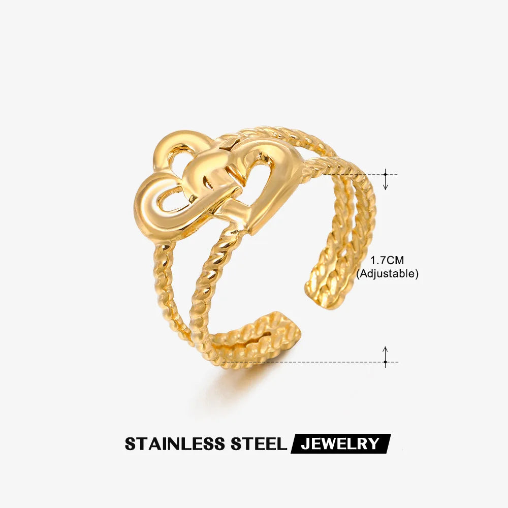 2023 New Gold Color Stainless Steel Finger Ring Minimalist Metal Heart Love Opening Ring for Women Girls Party Jewelry Gift