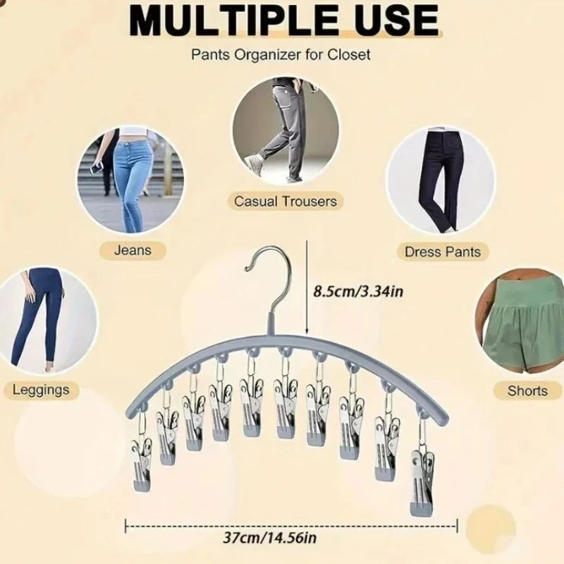 Pants Hanger with 10 Clothespins Space-Saving Closet Organizer for Hats Ties Belts Underwear Skirts Portable Home Dorm Storage