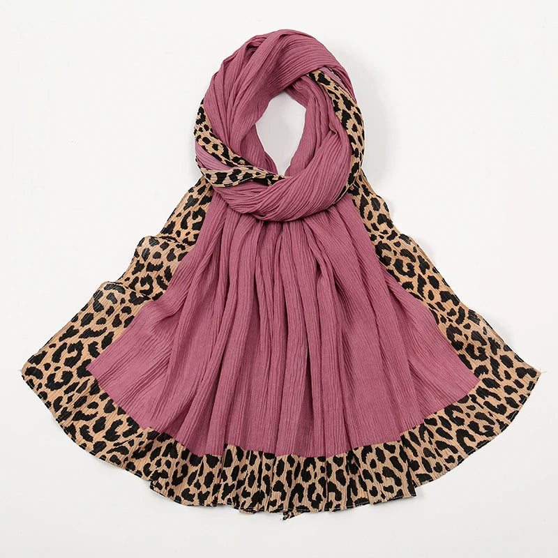 Hot Leopard Print Wrinkles Hijab Scarf Polyester Muslim Woman Hijab Shawls Lady Soft Long Wraps Femme Elegant Bandana Turban