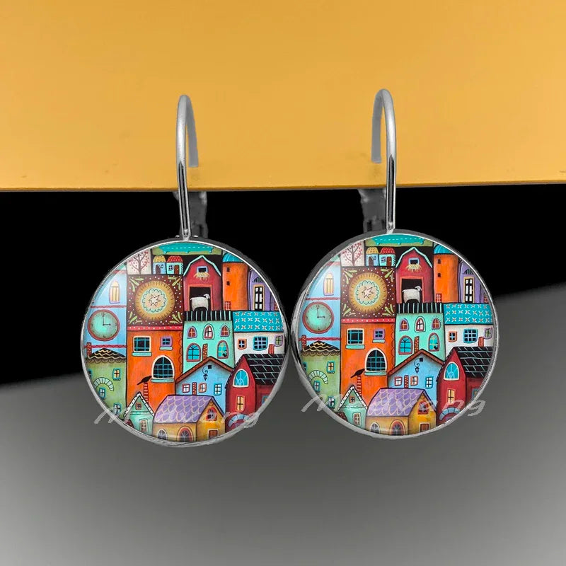 2024 Natural Scenery Earrings beautiful village Women Stud Earring  Abstract Oil Painting House Glass Cabochon Earrings  jewelry