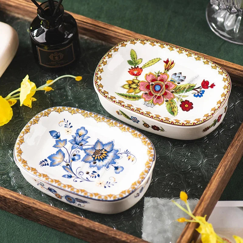 Creative Gold-plated Painted Flower Soap Dish Household Ceramic Drain Double Soap Box Storage Shelf Bathroom Accessories Modern