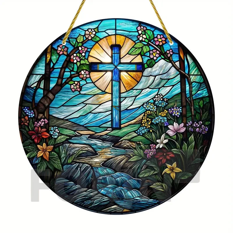 Cross Sun Catcher Acrylic Round Sign,Faux 3D Christianity Religious Pendant Plate,Home,Garden,Room,church,Holy Week&Easter Decor