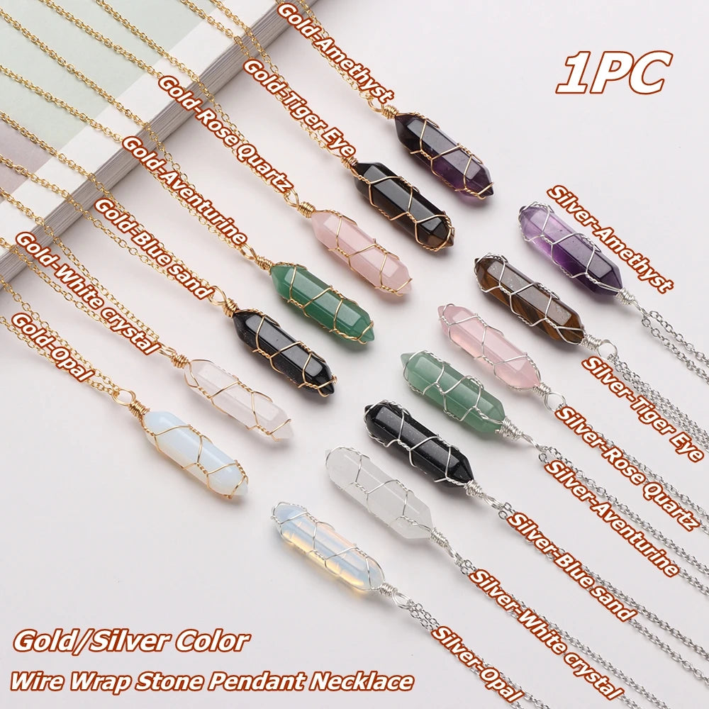Jewelry Amethyst Tiger Eye Rose Quartz Natural Stone Hexagonal Cylindrical Crystal Necklace Wire Wrap Stone Pendant