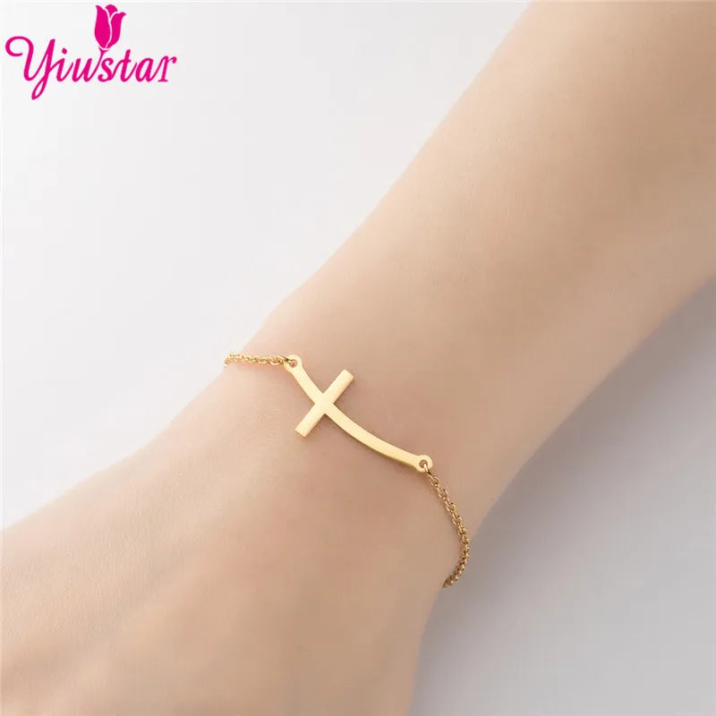 New Simple Christian Cross Stainless Steel Chain Bracelets for Women Men Religious Jewelry Lucky Cuff Bangles Gift Wholesale