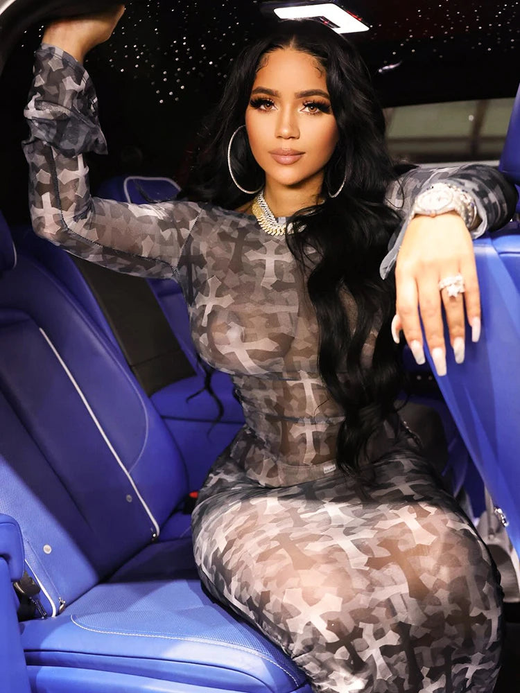 kliou Mesh Thin Print Women Dress Elegant Contrast Colors Full Sleeve O-neck Sheath Maxi Frock Mujer Trend New High Street Robe