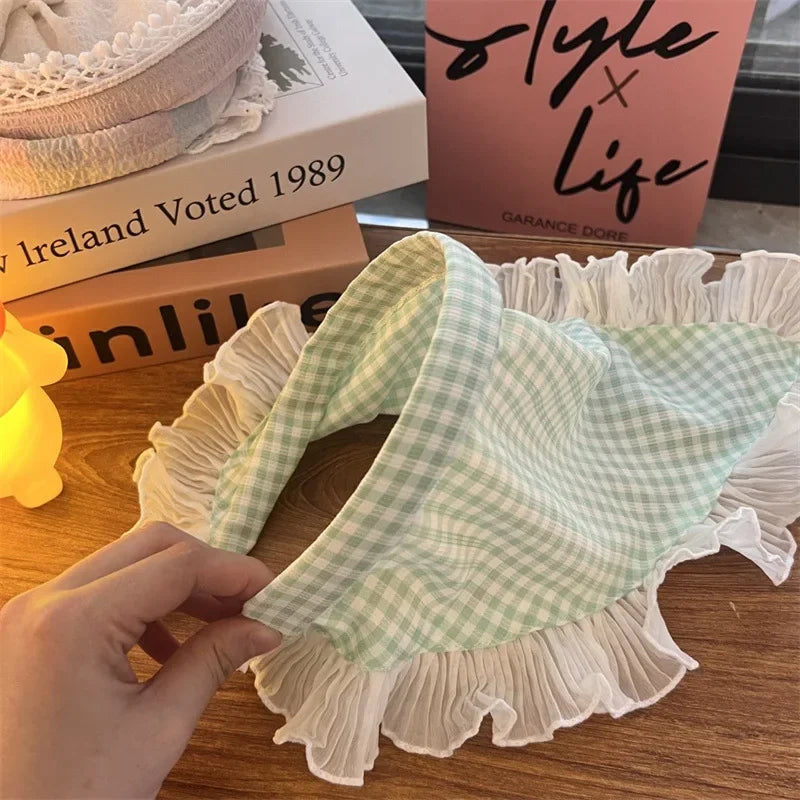 Red Woven Plaid Lace Hair Scarf Wraps Women Retro Triangle Headscarf Hat Travel Photo Headband Girl Hair Accessories