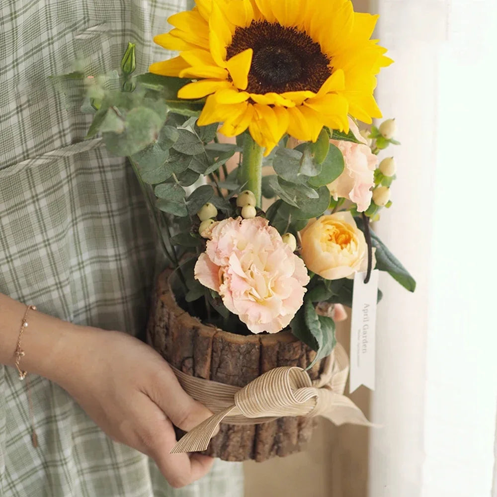 Wooden Plant Pot Vintage Round Table Decorative Style Wooden Flowerpot Fake Tree Bark Succulent Plants Creative Container
