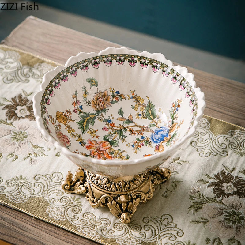 Classical Colorful Flower Pattern Fruit Bowl Storage Trays Snack Dessert Plate High Footed Fruits Plate Coffee Table Fruits Tray