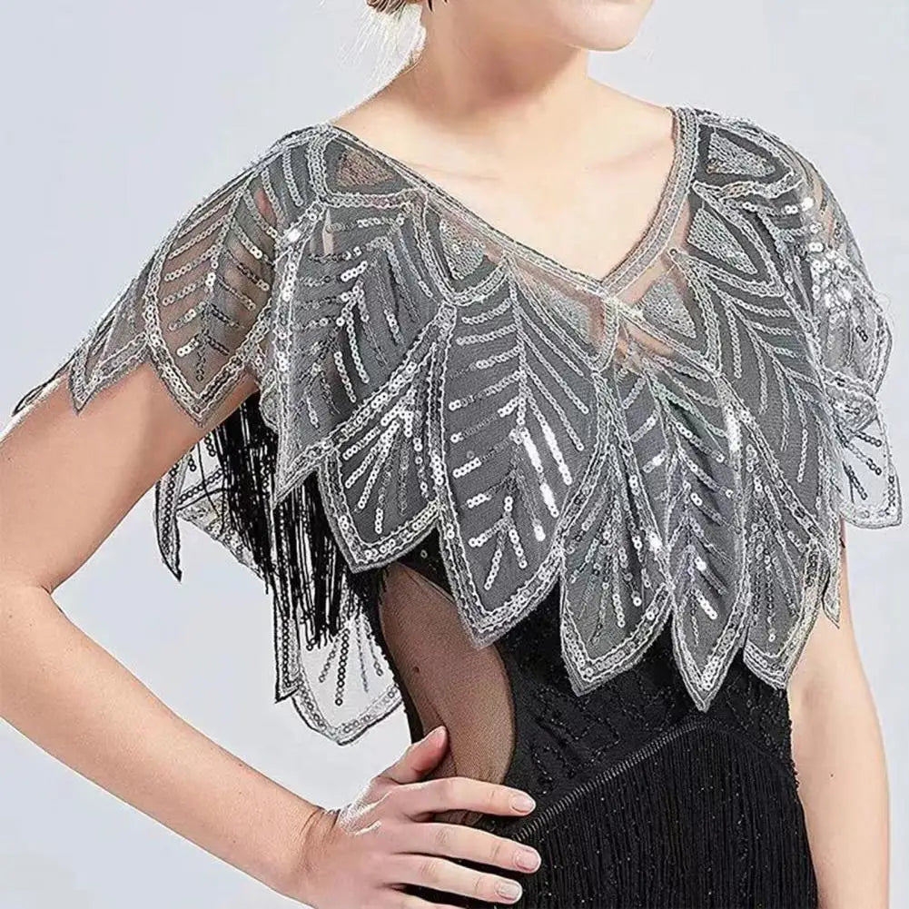 Women 1920s Evening Shawl Elegant Embroidered Beaded Capelet for Women Sparkling Sequin Party Shawl with Leaf Shape Gauze V Neck