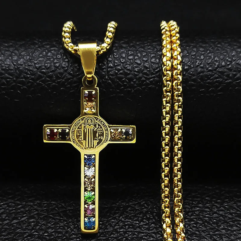 Catholic Jesus Cross Stainless Steel Necklace Saint Benedict Crystal Virgin Mary Pendant Crucifix Male Necklaces Jewelry cruz