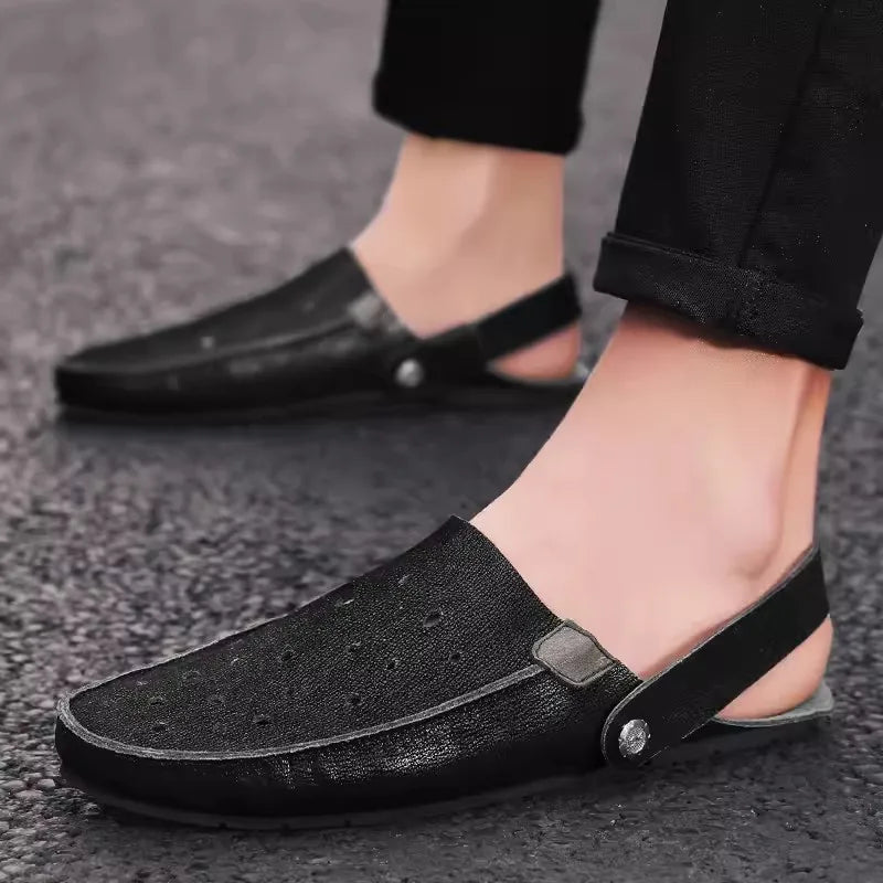 Genuine Leather Slippers For Men Slip on Flats Shoes Walking Shoes Men Half Slippers Comfortable  Household Casual Beach Sandals
