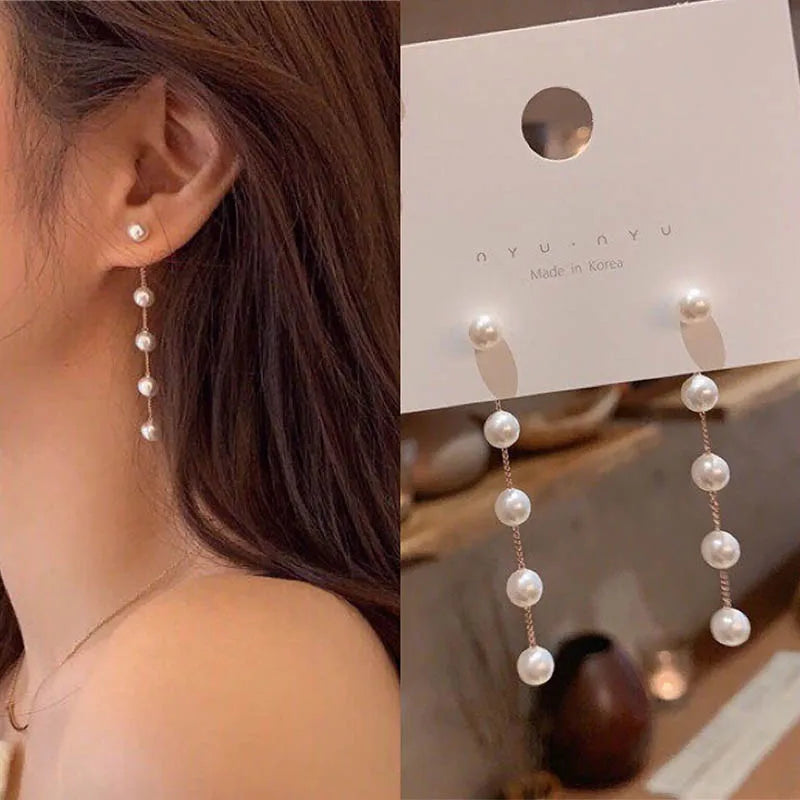 Classic Natural Shell Pearl Long Tassel Earrings for Women Ladies Gold Color Chain White Drop Earrings Bridal Jewelry Gift
