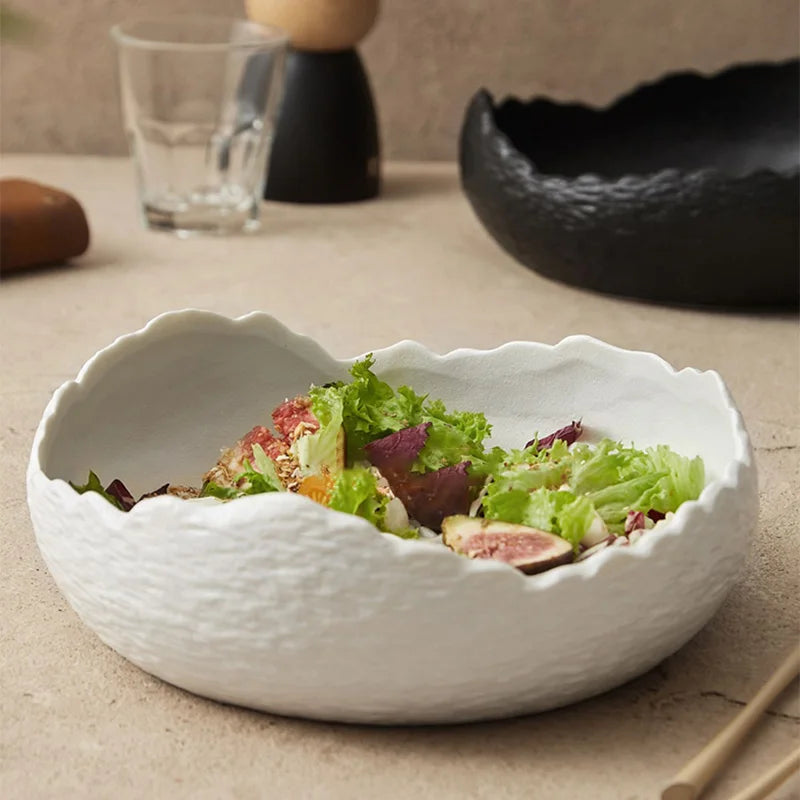 1Pc Irregular Ceramic Deep Plate Salad Plate Frosted Cold Dish Plate Fruit Salad Bowl Creative Western Dinner Plate Dessert Plate Suitable for Daily Meal, Light Salad Plate, Steak Plate, Pasta Plate