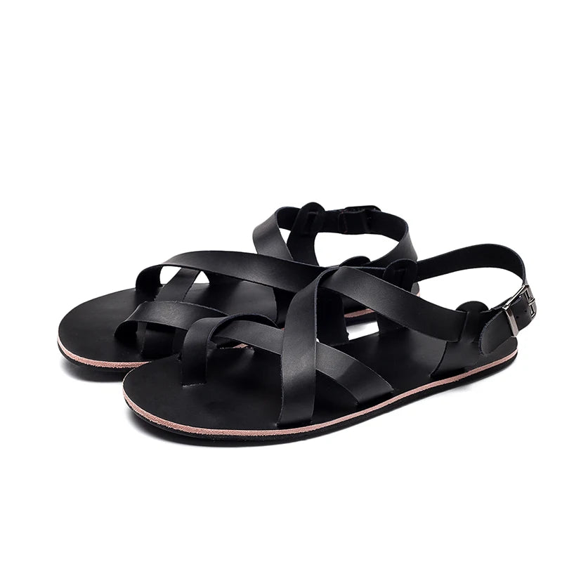 New Summer Sandals Men Open Toe Genuine Leather Sandals Hollow-out Retro Handmade Comfortable Breathable Outdoor Beach Shoes