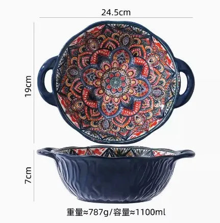New Bohemian Style Ceramic Household Dishes with Handles Bowls Dishes and Household Dishes Set