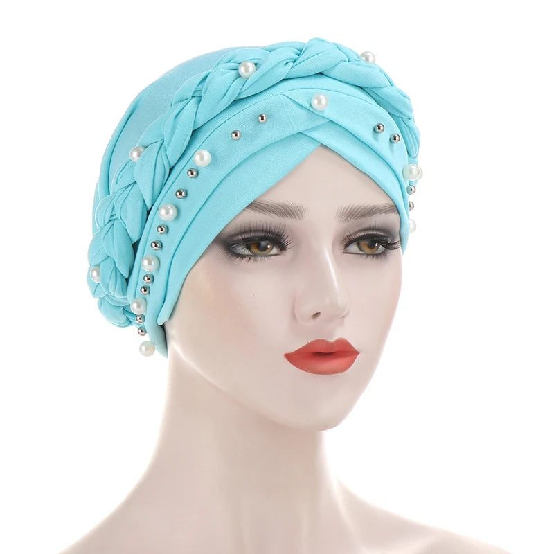 Braid Cross Forehead Women Hijabs with Faux Pearl Decor Solid Color Muslim Female Head Scarf Elegant Turban for Women Elastic