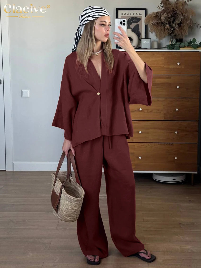 Clacive Fashion Loose Red Cotton Women's Two Pieces Set 2025 Elegant Long Sleeve Shirt With High Waist Wide Pants Set Female