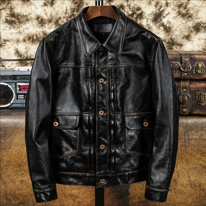 CC Shop Best.Classic American work leather jacket.Tea core Horsehide.Mens 100% natural leather coat.Vintage Denim 506 cloth