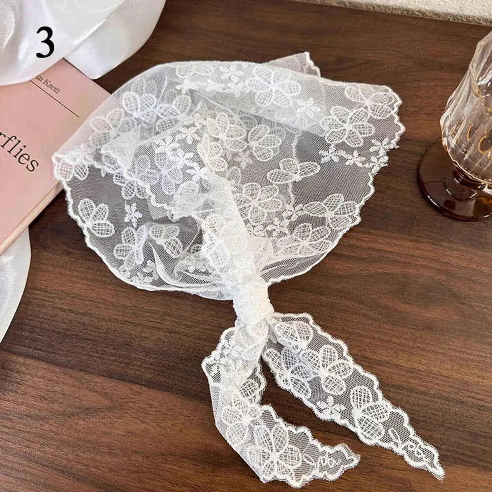 Elegant Lace Floral Hair Scarf Women Triangle Headscarf Korean Lace Up Neck Scarf Lace Flower Sunscreen Travel Photo Headband