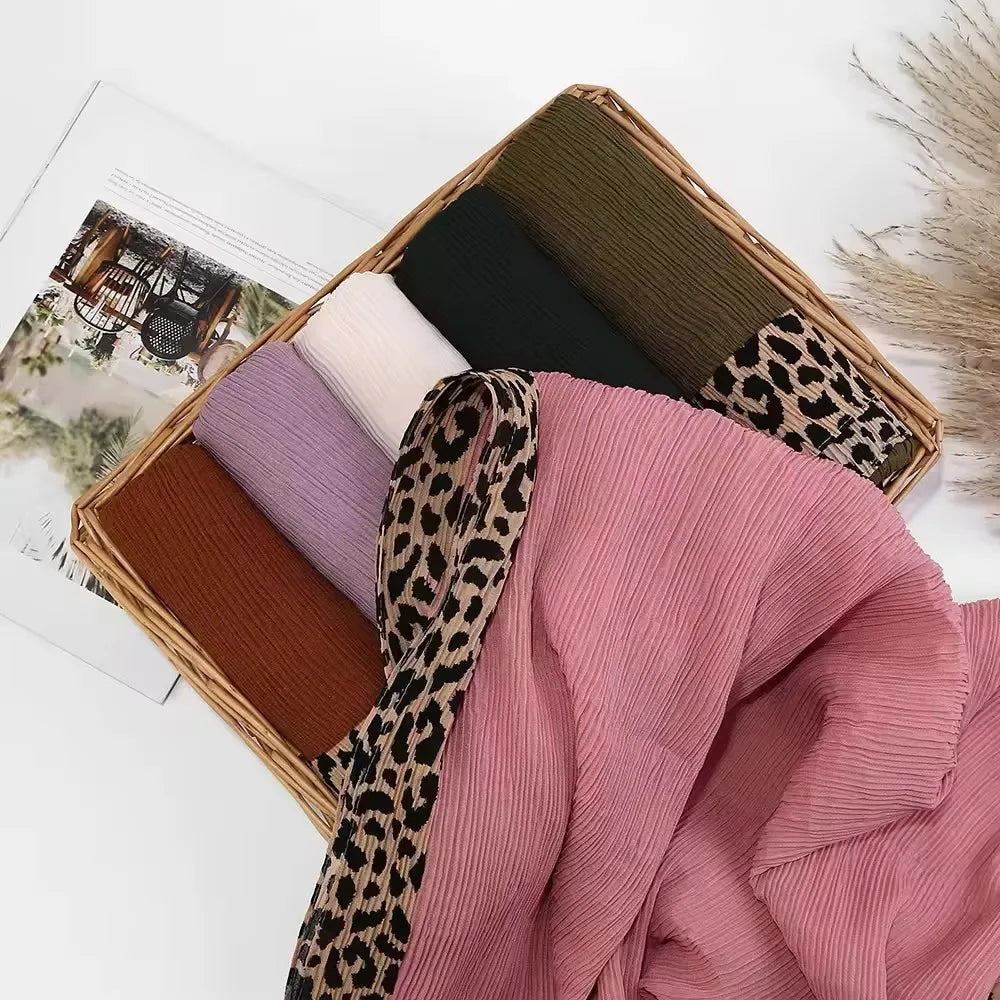 Hot Leopard Print Wrinkles Hijab Scarf Polyester Muslim Woman Hijab Shawls Lady Soft Long Wraps Femme Elegant Bandana Turban