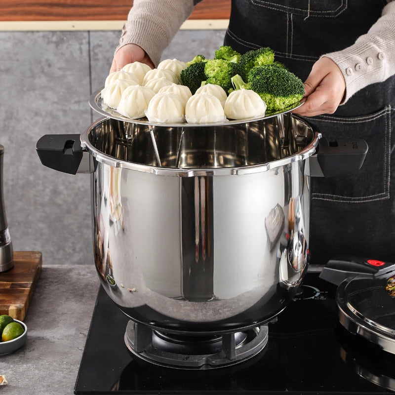 Large capacity stainless steel pressure cooker, compatible with stoves, used for safe cooking, canning, and stewing