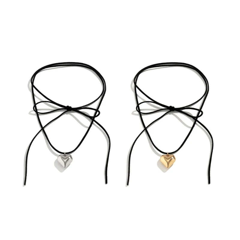 Heart Pendant Collar Necklace Long  Rope Bow Tie Choker Necklace Fashion Jewelry Neck Tie Clavicle Chain Necklace