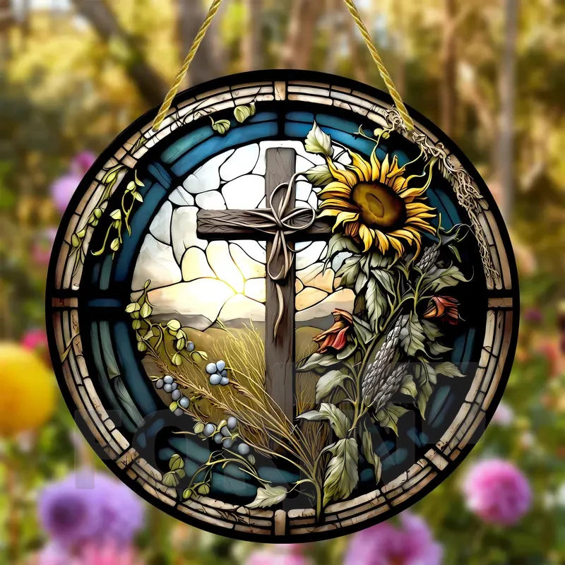 Cross Sun Catcher Acrylic Round Sign,Faux 3D Christianity Religious Pendant Plate,Home,Garden,Room,church,Holy Week&Easter Decor