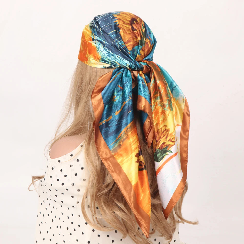 Silk Head Scarf Women Luxury Fashion Hair Scarve Summer Foulard Femme Satin Shawl Kerchief 90cm Square Headscarf Bandana Cheveux