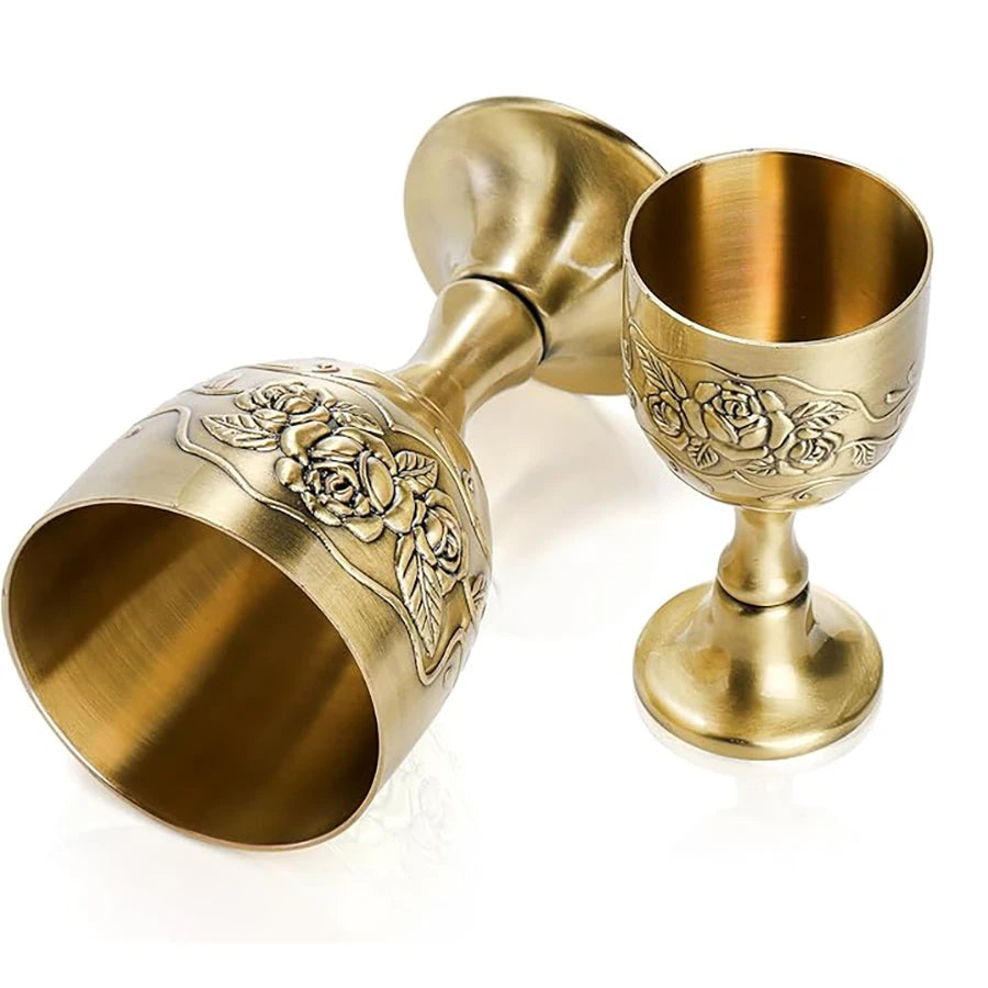 Vintage Goblet Flower Embossed Gold Communion Cup Copper Metal Wine Chalice Flower Embossed Shot Glasses Copper Metal Wine Cups
