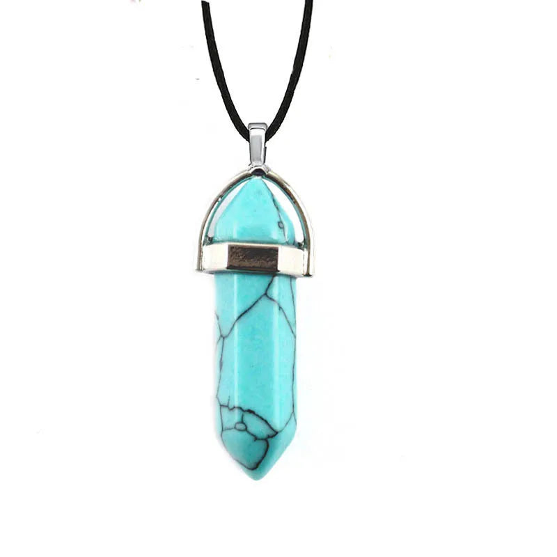 New Hexagonal Column Natural Stone Choker Necklaces Vintage Pink Purple Crystal Pendent Necklace for Women Leather Chain Jewelry