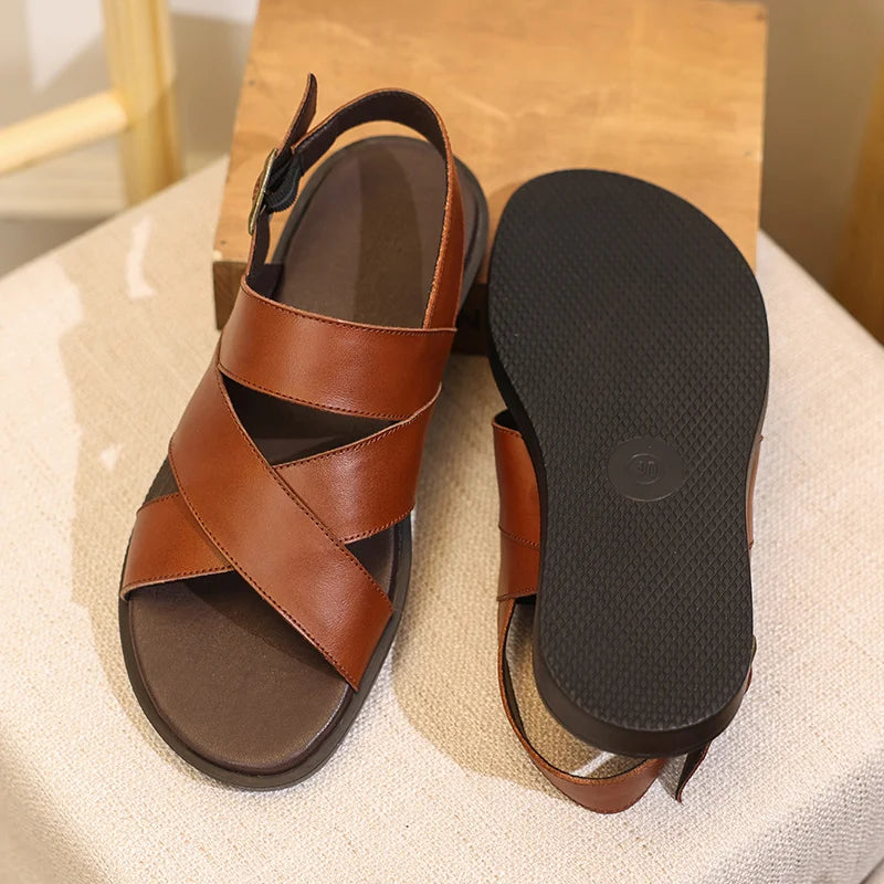 Summer Men's Leather Sandals Non-Slip Anti-Odor Beach Shoes First Layer Cowhide Outer Wear Casual Tpr Sandals Men's Wholesale