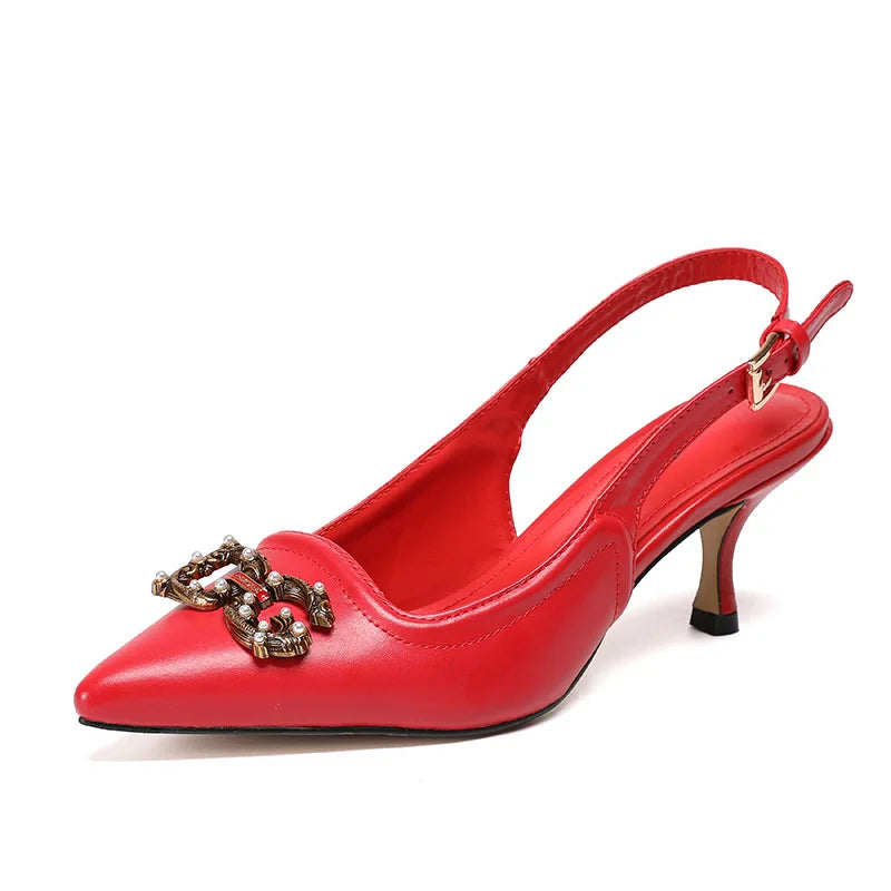 Pointed Toe Back Strap Metal Decoration Pumps Soft Leather Comfort Straight Strap Women Sandals Plain Color Stiletto Work Shoes