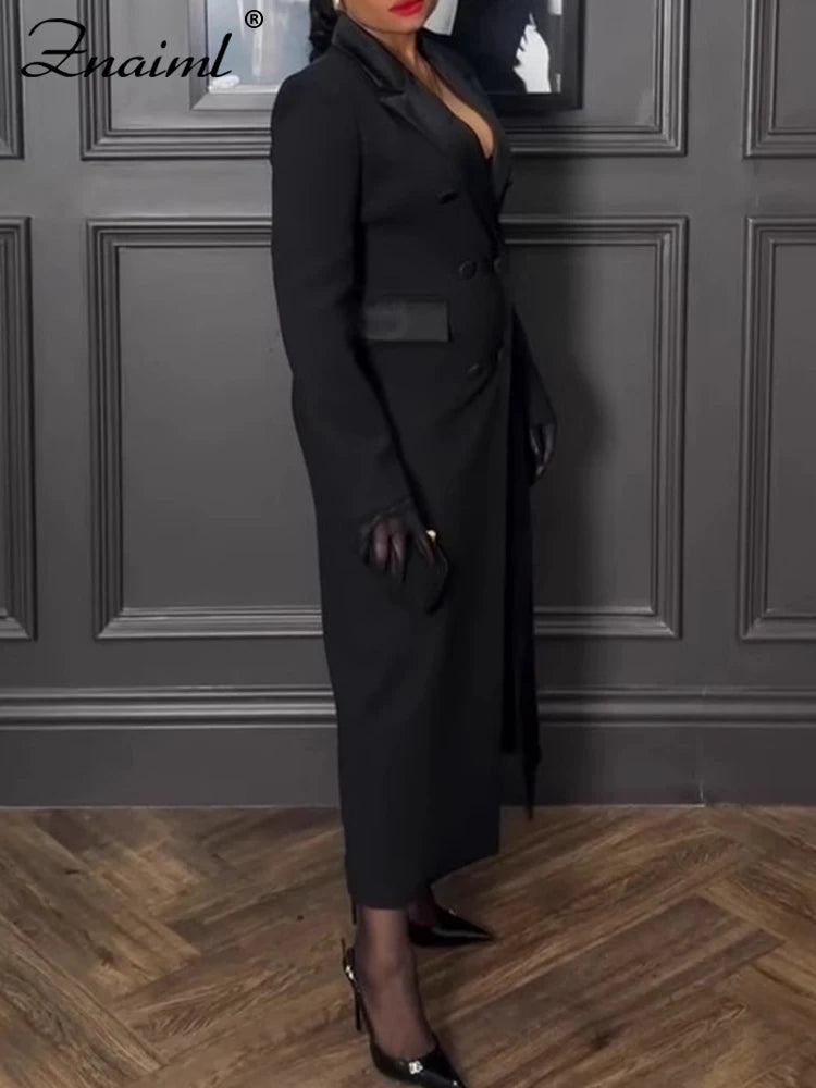 Znaiml Office Lady Lapel Pocket Slim Black Long Suit Jacket Women Blazer Dress Fashion Work Business African Birthday Robe Coats