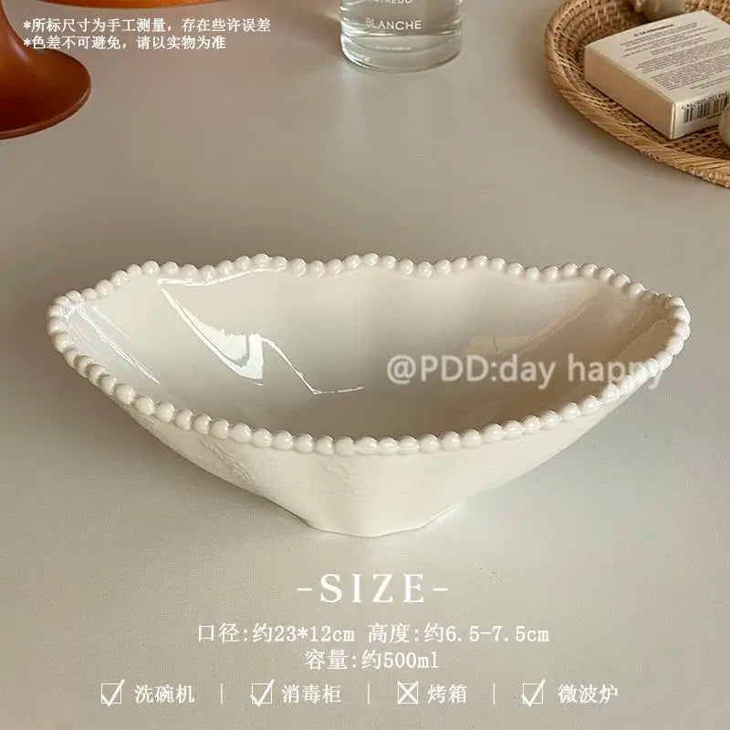 Ins Style Light Luxury Solid Color Bead Bowl Wavy Edge Ceramic Salad Bowl High Aesthetic Breakfast Plate Exquisite Home