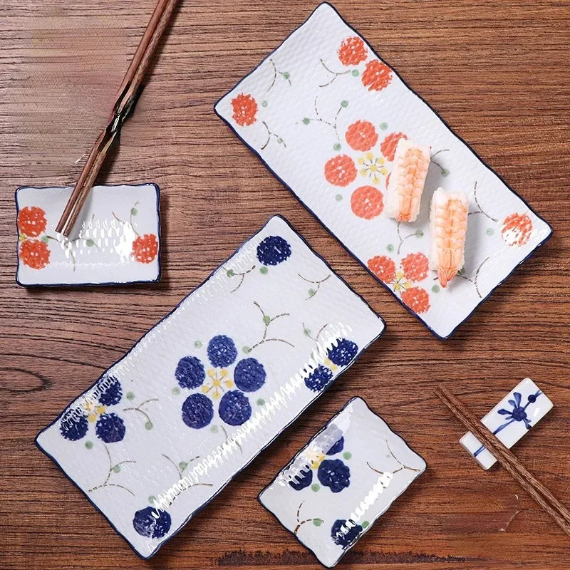 Plate Japanese Ceramic Tableware High Temperature Underglaze Color Hand-painted Tableware New Chinese Creative Rectangular