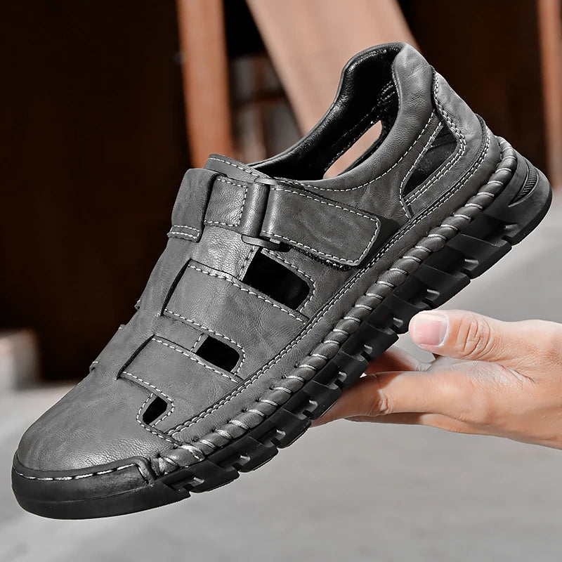 Summer Men Genuine Leather Outdoors Sandals Casual Leather Hollow Soft Bottom Breathable Soft Sole Shoes Classic Fashion Sandals