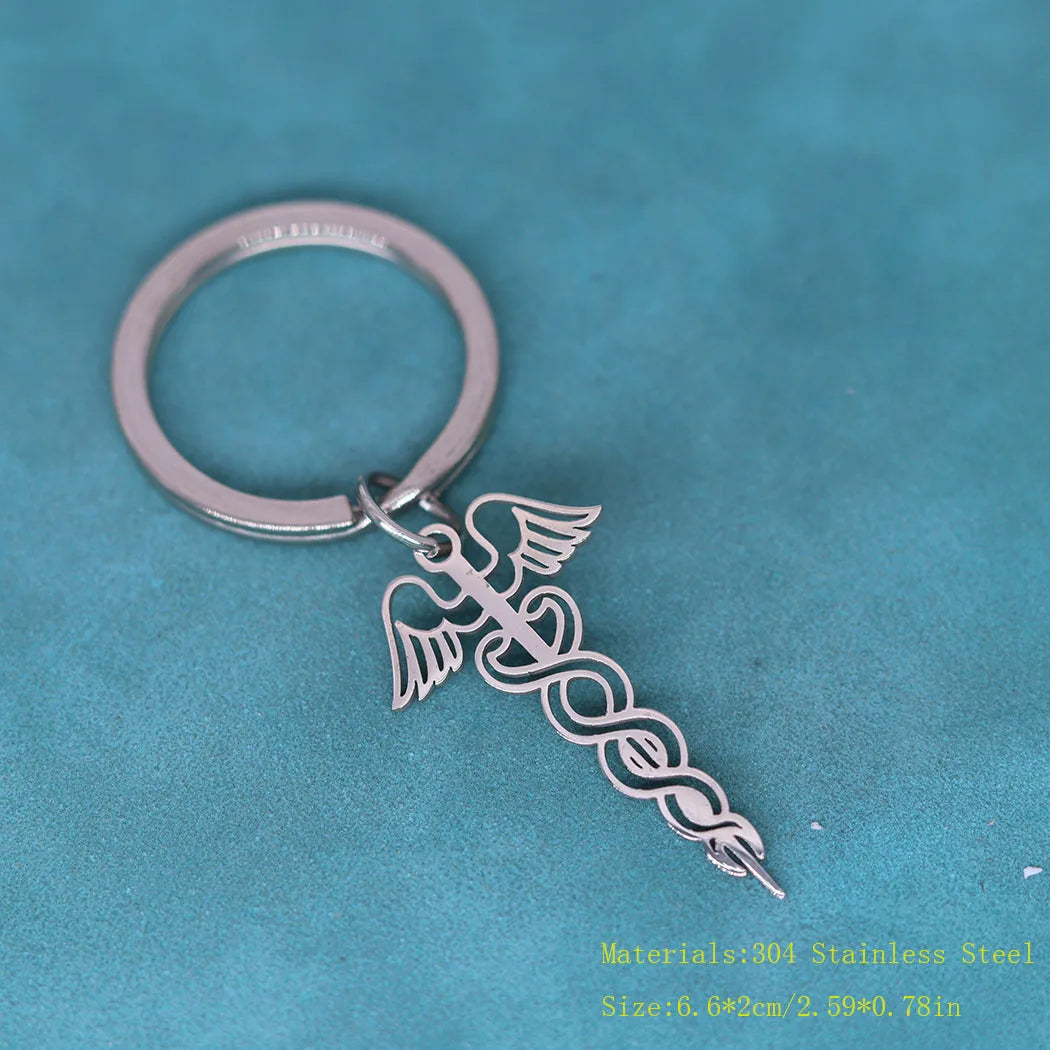 Staff Of Caduceus Medicine Symbol Keychain Stainless Steel Pendant Of Health Key Chains Of God Hermes Jewelry Doctor Nurse Gifts