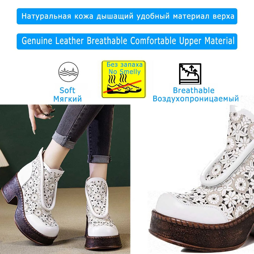 Koznoy 7.5cm Genuine Leather Sandals Ankle Booties Women Hollow Chimney Moccasins Fashion Summer Motorcycle Natural Boots Shoes