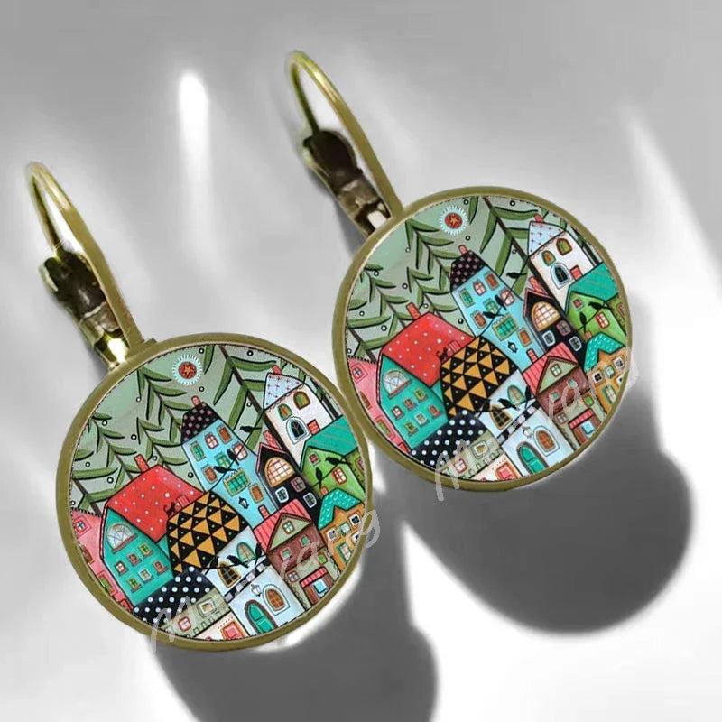 2024 Natural Scenery Earrings beautiful village Women Stud Earring  Abstract Oil Painting House Glass Cabochon Earrings  jewelry
