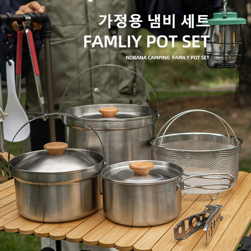 NOBANA Newest Outdoor Stainless Steel Pot Set Camping Family Pot Set 5L Portable Picnic Soup Pot Frying Steaming Household Pot