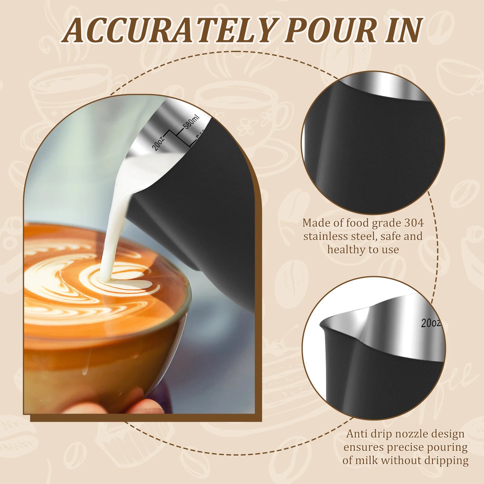 Milk Frothing Pitcher with scale Ergonomic handle Stainless steel safe and durable for Barista Espresso Pitcher